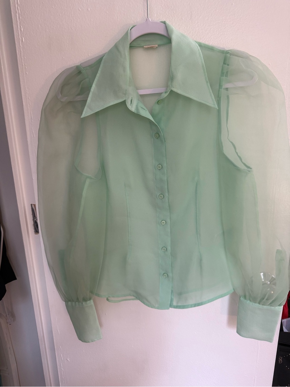 H&M Sheer Puff-Sleeve Collared Blouse in Mint